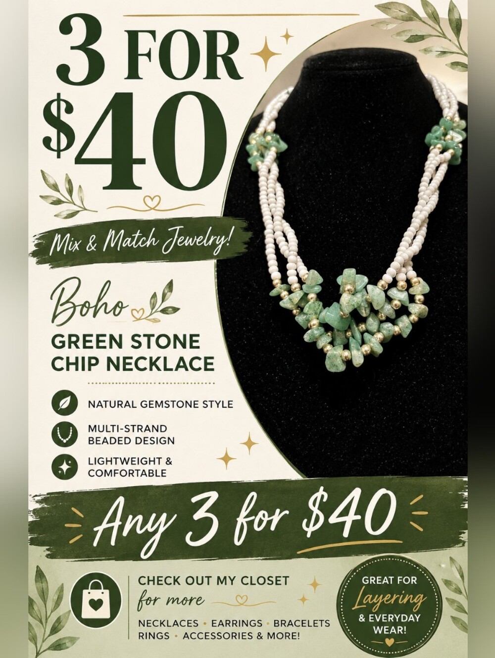 Green Stone Chip Necklace • Multi Strand Beaded • Boho Natural Gemstone Style